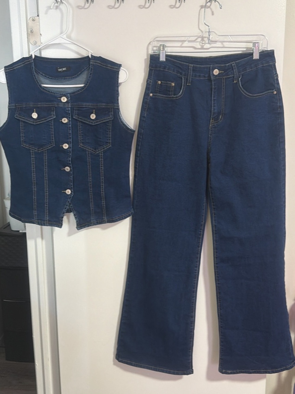 Dark Blue Denim Flared Jeans with Matching Vest Set